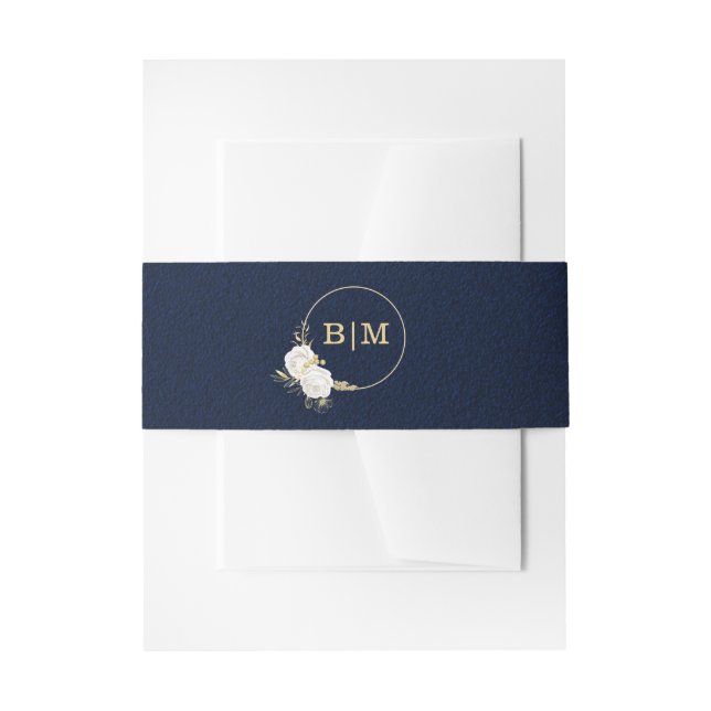 white gold floral navy blue wedding invitation belly band (Front Example)