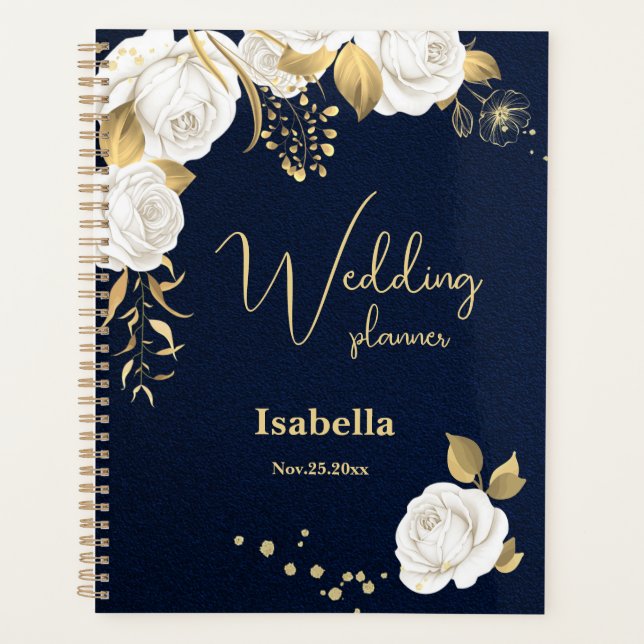 white gold floral navy blue wedding planner (Front)