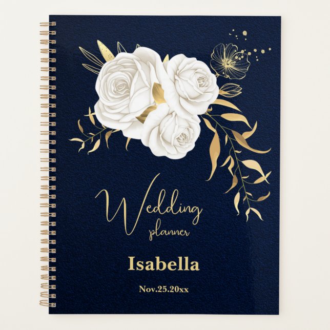 white gold floral navy blue wedding planner (Front)