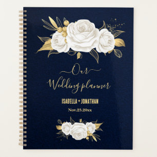 white gold floral navy blue wedding planner