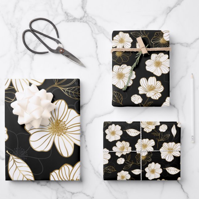 White Gold Floral on Black Wrapping Paper Sheet (Front)