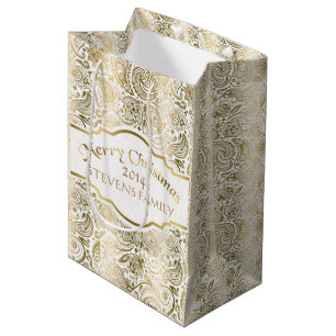 White & Gold Floral Paisley Lace Christmas Design Medium Gift Bag