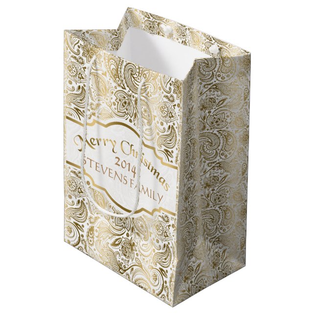 White & Gold Floral Paisley Lace Christmas Design Medium Gift Bag (Front Angled)