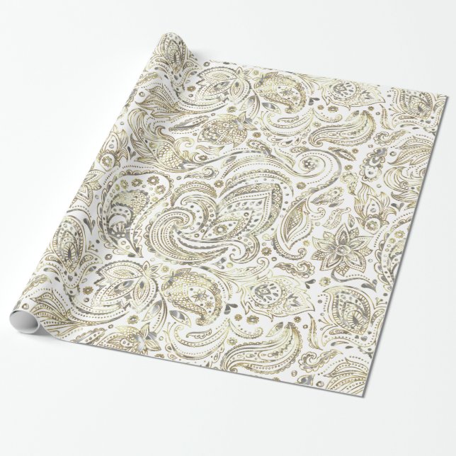 White & Gold Floral Paisley Wrapping Paper (Unrolled)