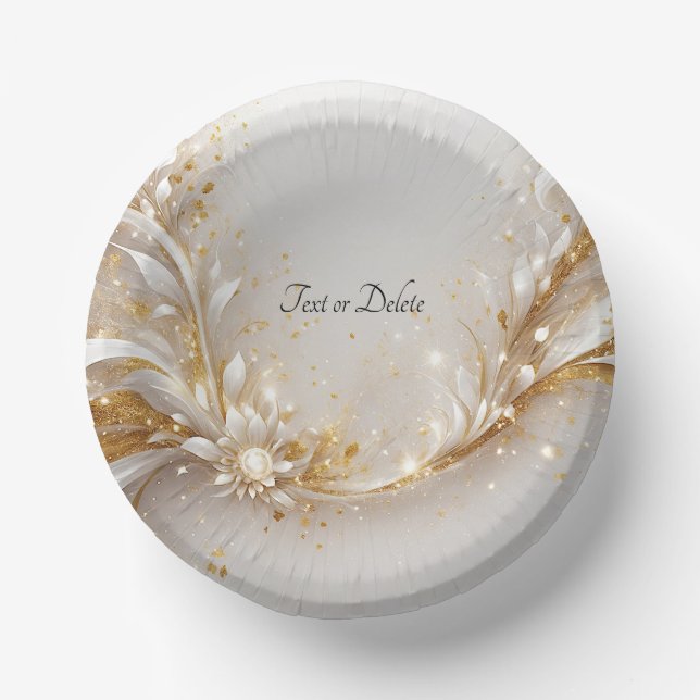 White Gold Floral Paper Plate (Front)