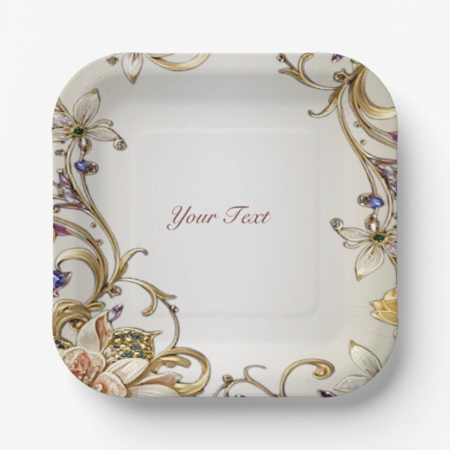White Gold Floral Paper Plate (Front)