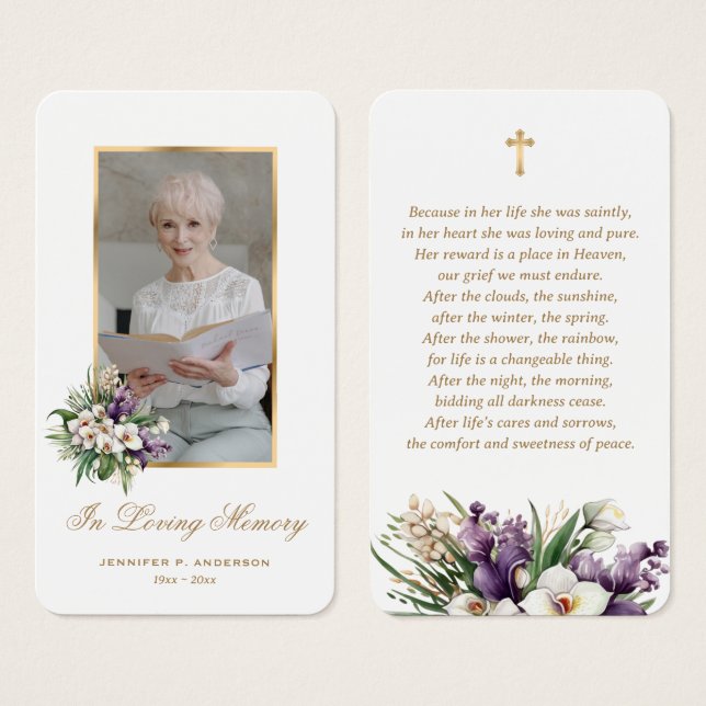 White Gold Floral Photo Funeral Prayer Cards (Front & Back)