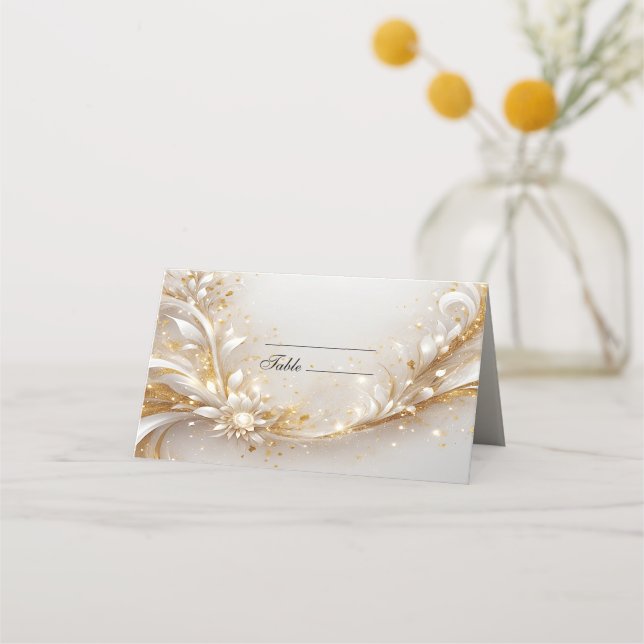 White Gold Floral Place Card (Front)