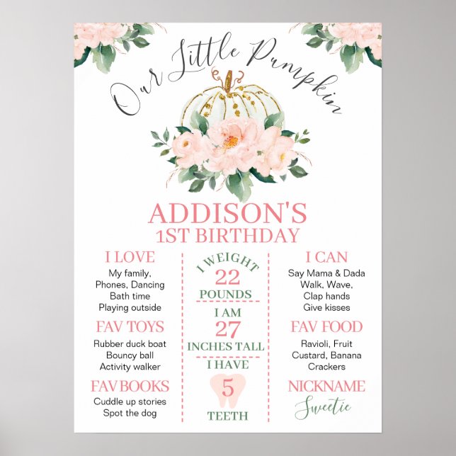 White Gold Floral Pumpkin 1st Birthday Milestone Poster (Front)