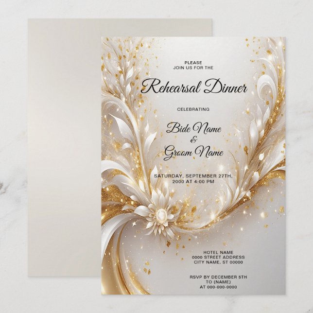 White Gold Floral Rehearsal Dinner Invitation (Front/Back)