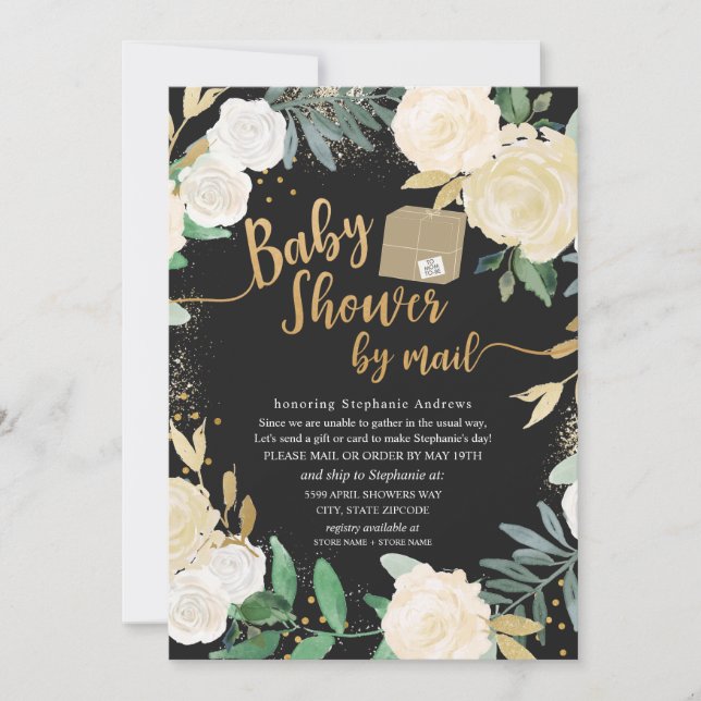 White Gold Floral Roses Baby Shower by mail Invitation (Front)
