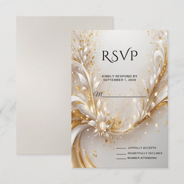 White Gold Floral RSVP Card (Front/Back)