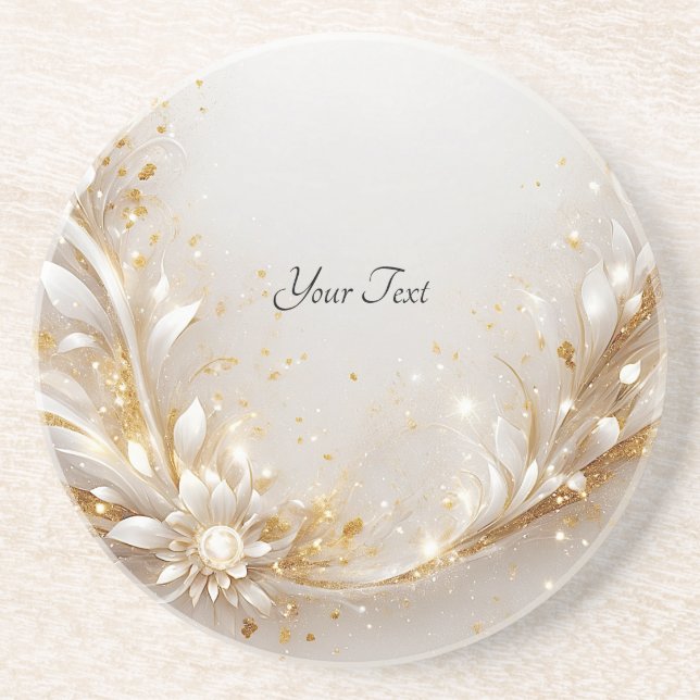 White Gold Floral Sandstone Coaster (Front)