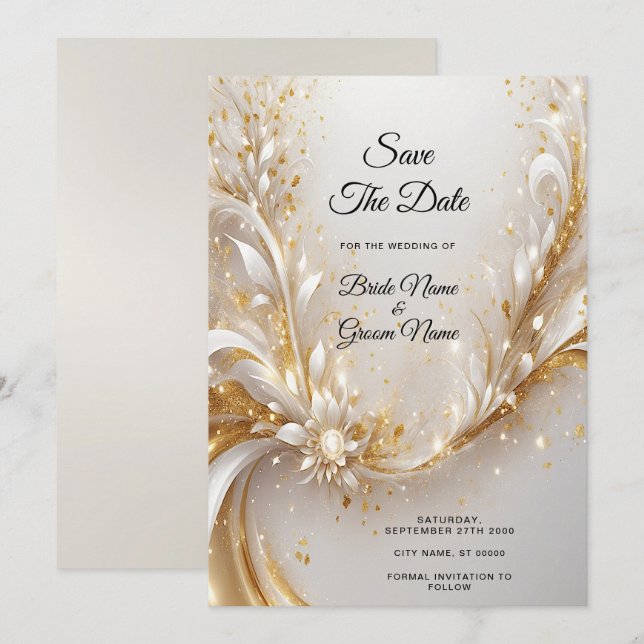 White Gold Floral Save The Date (Front/Back)
