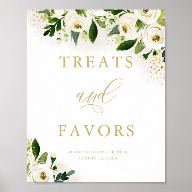White Gold Floral Treats and Favours Shower Poster (Front)
