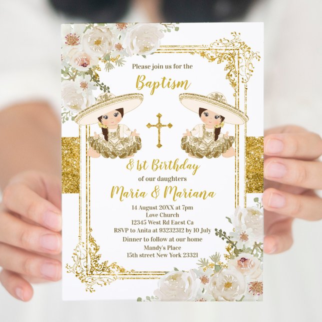 White & Gold Floral Twin Girl Baptism and Birthday Invitation (Creator Uploaded)