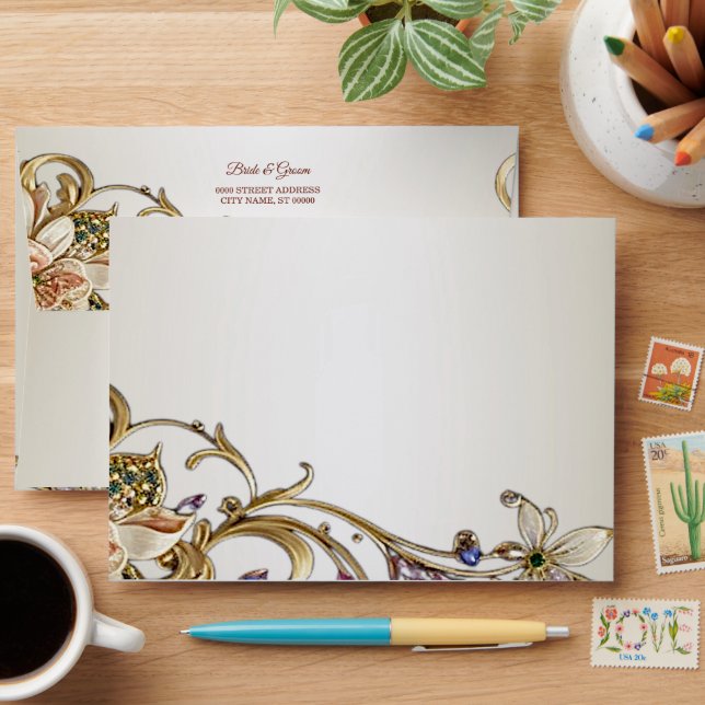 White Gold Floral Wedding Envelope (Desk)
