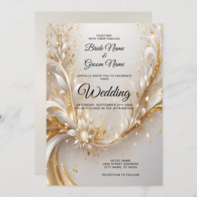 White Gold Floral Wedding Invitation (Front/Back)
