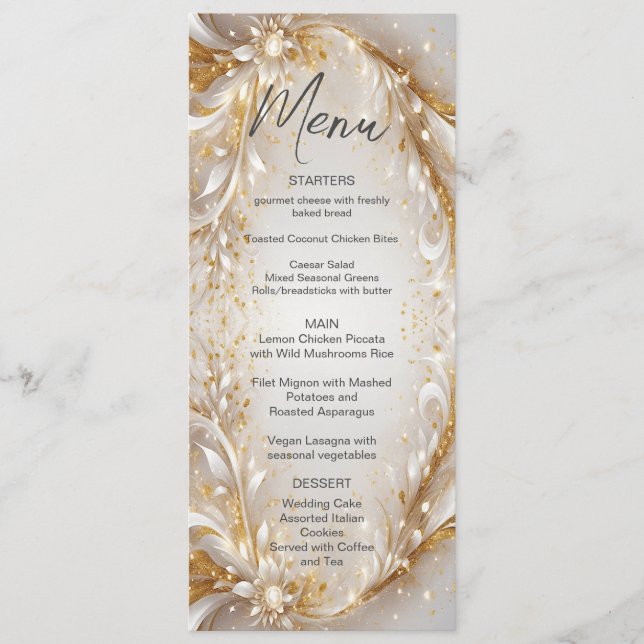 White Gold Floral Wedding Menu (Front)