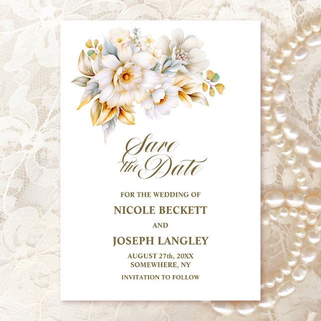 White Gold Floral Wedding Save the Date  (Creator Uploaded)