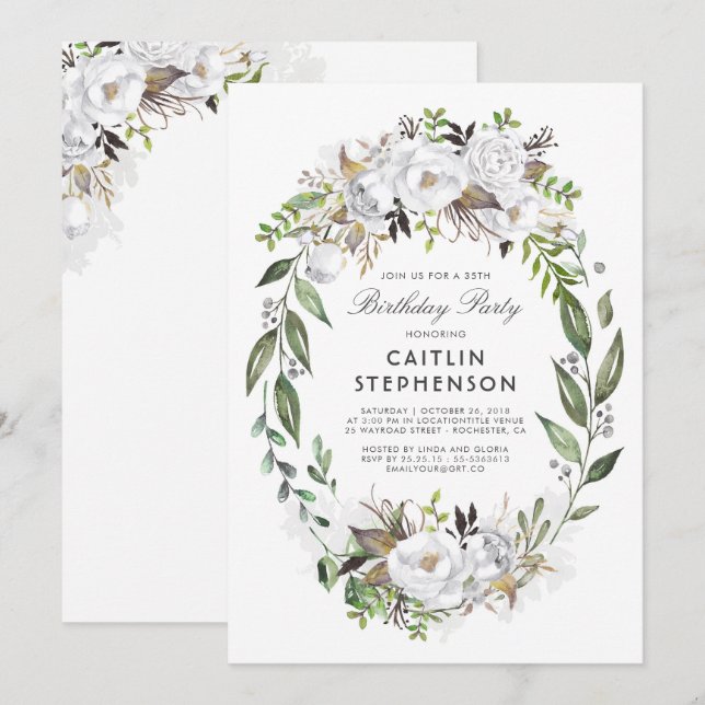 White Gold Floral Wreath Elegant Birthday Party Invitation (Front/Back)