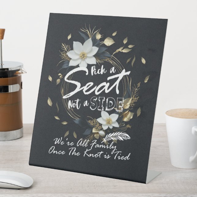 White Gold Floral Wreath Open Seating Wedding Sign (In SItu)