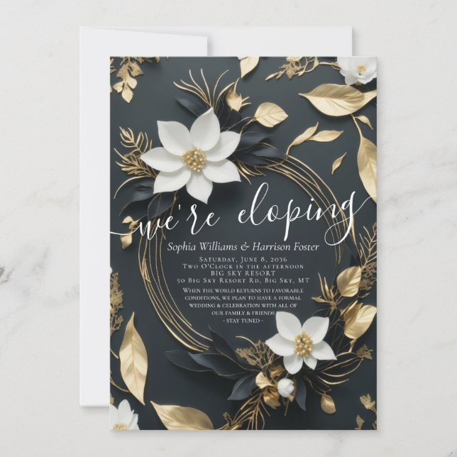 White Gold Floral Wreath Photo Wedding Elopement Invitation (Front)