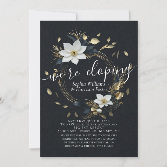 White Gold Floral Wreath Photo Wedding Elopement Invitation (Front)
