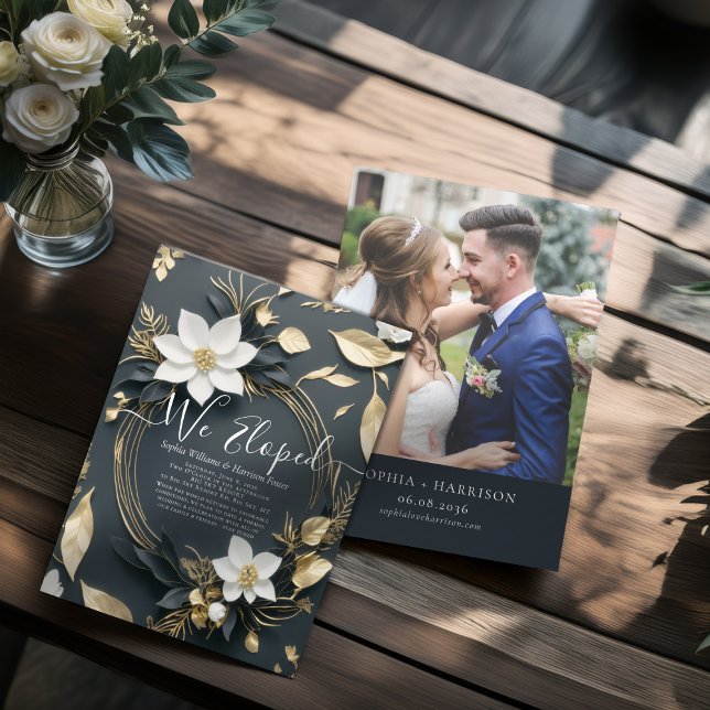 White Gold Floral Wreath Photo Wedding Elopement Invitation (Creator Uploaded)