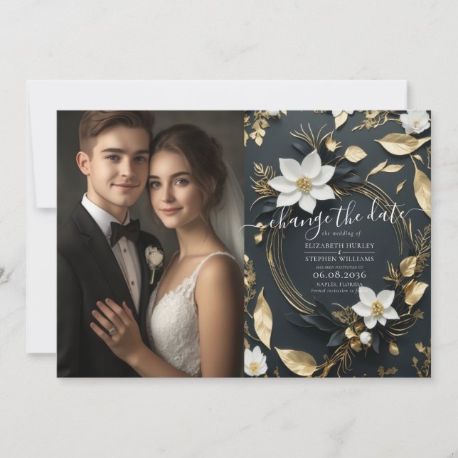 White Gold Floral Wreath Wedding Change The Date Save The Date (Front)