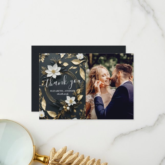 White Gold Floral Wreath Wedding Photo Thank You (Front/Back In Situ)