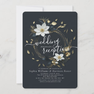 White Gold Floral Wreath Wedding Reception Photo Invitation