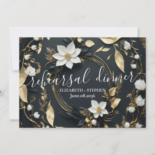 White Gold Floral Wreath Wedding Rehearsal Dinner Invitation (Front)