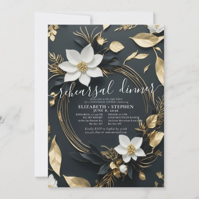 White Gold Floral Wreath Wedding Rehearsal Dinner Invitation (Front)
