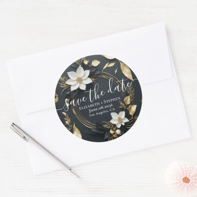 White Gold Floral Wreath Wedding Save The Date Classic Round Sticker (Envelope)