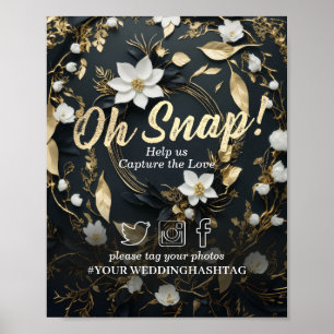 White Gold Floral Wreath Wedding Snap Hashtag Sign