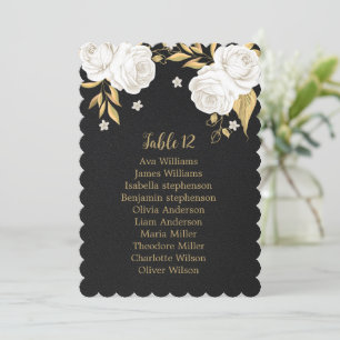 white gold flowers black seating chart card