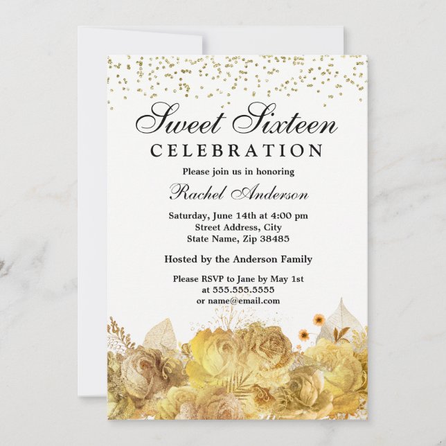 White & Gold Flowers Glitter Sweet 16 Invite (Front)