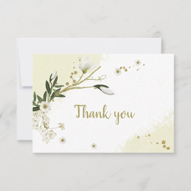 white & gold flowers green leaves botanical thank you card (Front)