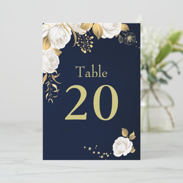 white gold flowers navy blue table number (Standing Front)