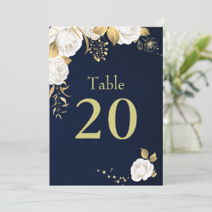 white gold flowers navy blue table number