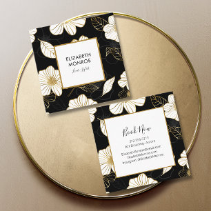 White Gold Flowers on Black Salon Hair Stylist Square Business Card