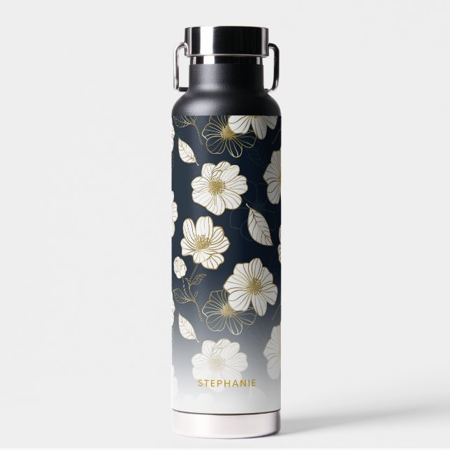 White Gold Flowers, Personalised Name Monogram Water Bottle (Front)