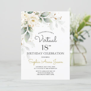White Gold Flowers Virtual 18th Birthday Party Invitation