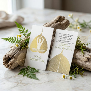 White & Gold Foil Bodhi Leaf Yoga Meditation Pose Business Card