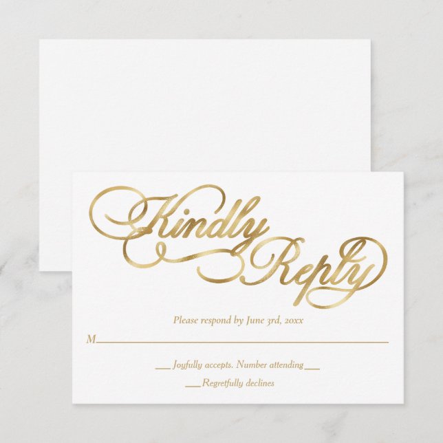 White & Gold Foil Calligraphy Formal Wedding RSVP Card (Front/Back)