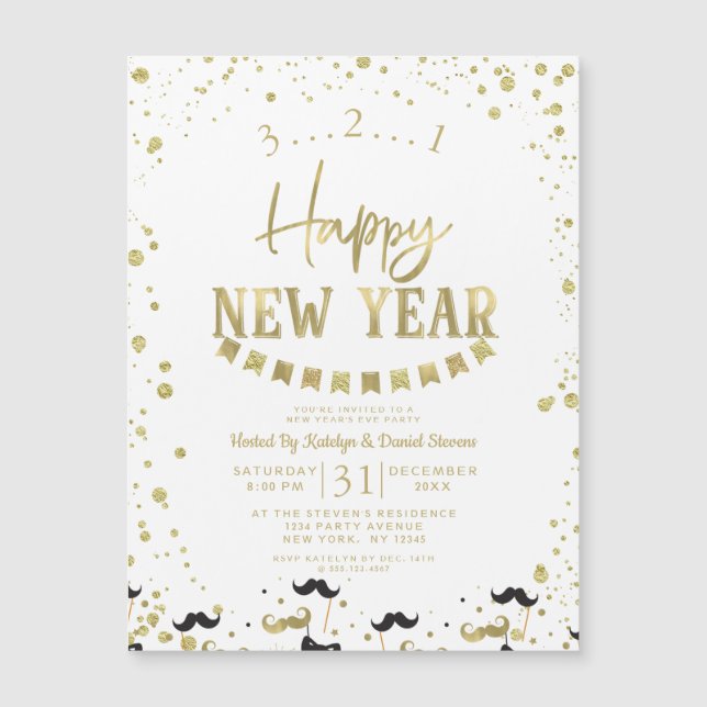 White & Gold Foil Confetti New Year's Eve Party (Front)