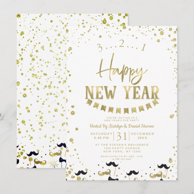White & Gold Foil Confetti New Year's Eve Party Invitation (Front/Back)