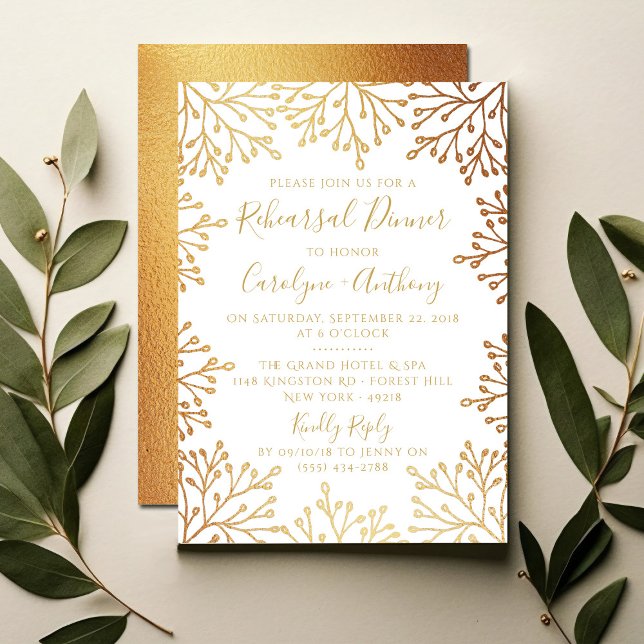 White & Gold Foil Floral Wedding Rehearsal Dinner Invitation (Creator Uploaded)