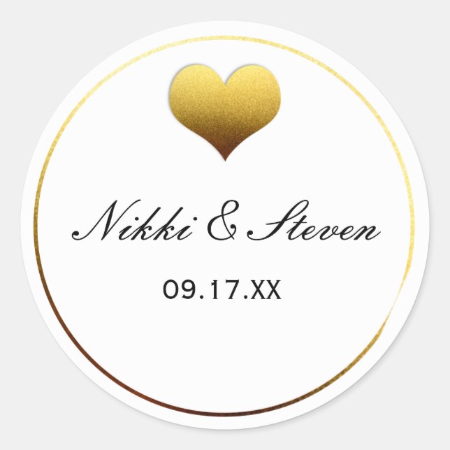 White & Gold Foil Heart Round Sticker Label Favour (Front)